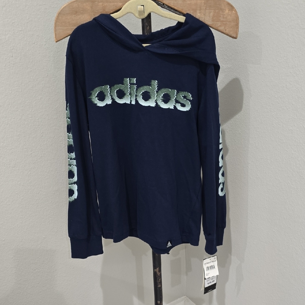 Adidas Kids Navy Hoodie Tee Long Sleeve With Logo New With Tags NWT